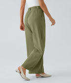 Pantalon Fluide Large Taille Haute Poches Latérales Palazzo Solide Casual Linen-Feel