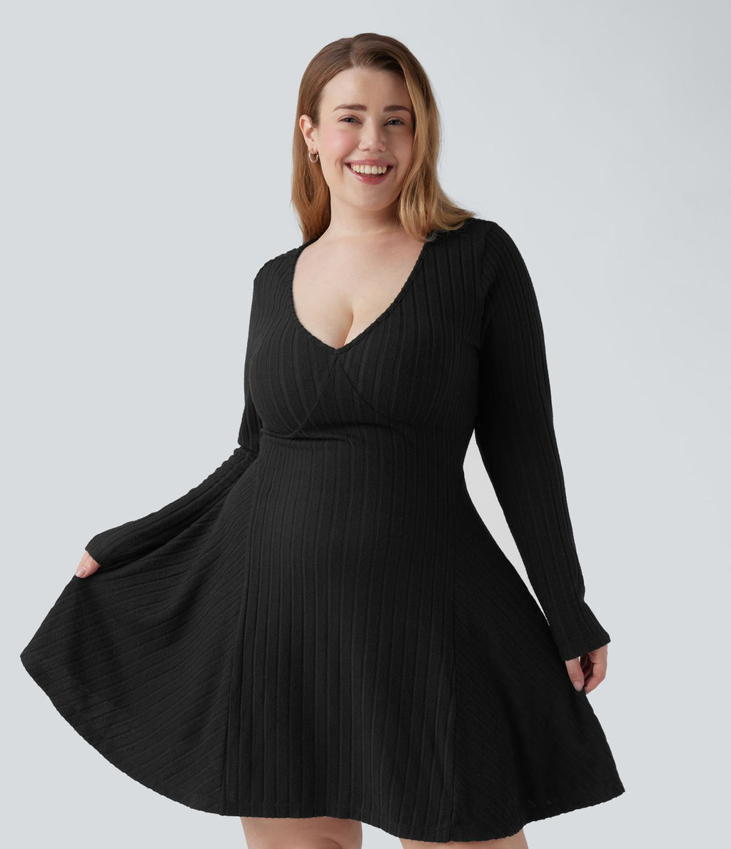 Robe mini évasée grande taille col V en maille côtelée à manches longues