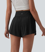 Short yoga 2-en-1 gainant taille haute à pois réfléchissants, ourlet arrondi croisé et œillets avec poches