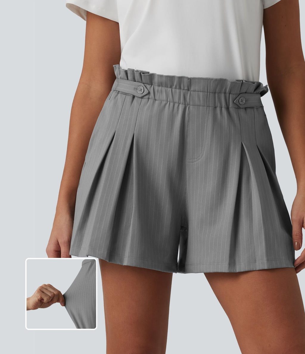 Short plissé taille haute à rayures avec volants et poches – 10 cm