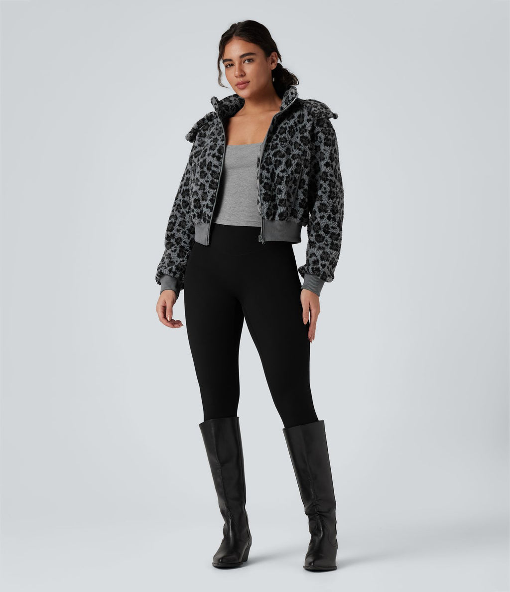 Veste sherpa imprimée léopard capuche amovible avec poches