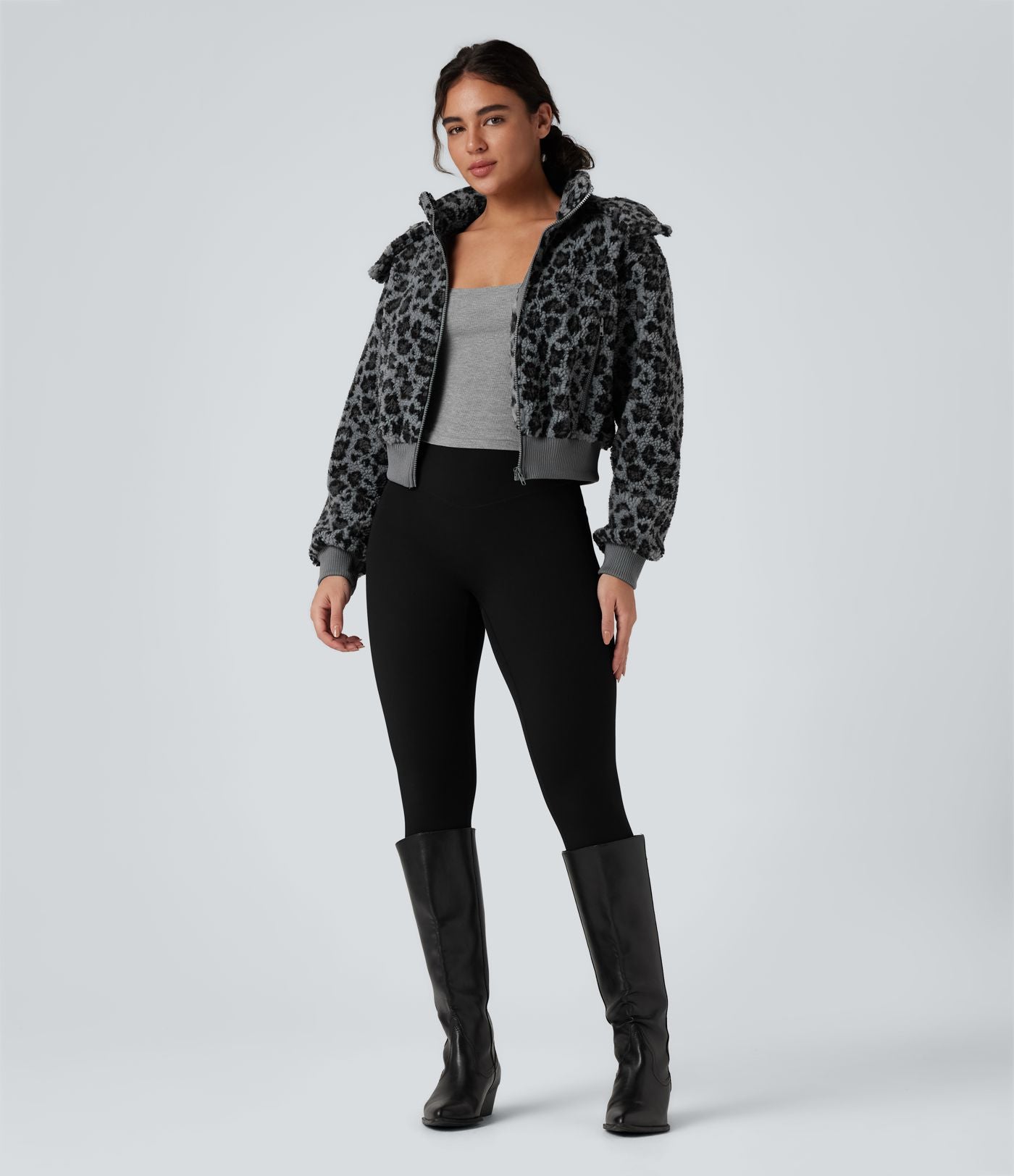 Veste sherpa imprimée léopard capuche amovible avec poches