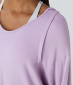 Sweatshirt Casual à Capuche Encolure en V Cordon de Serrage Trou pour le Pouce Fente et Coupe Longue