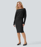 Robe de mi-longue moulante décontractée maille côtelée épaules dénudées manches chauve-souris