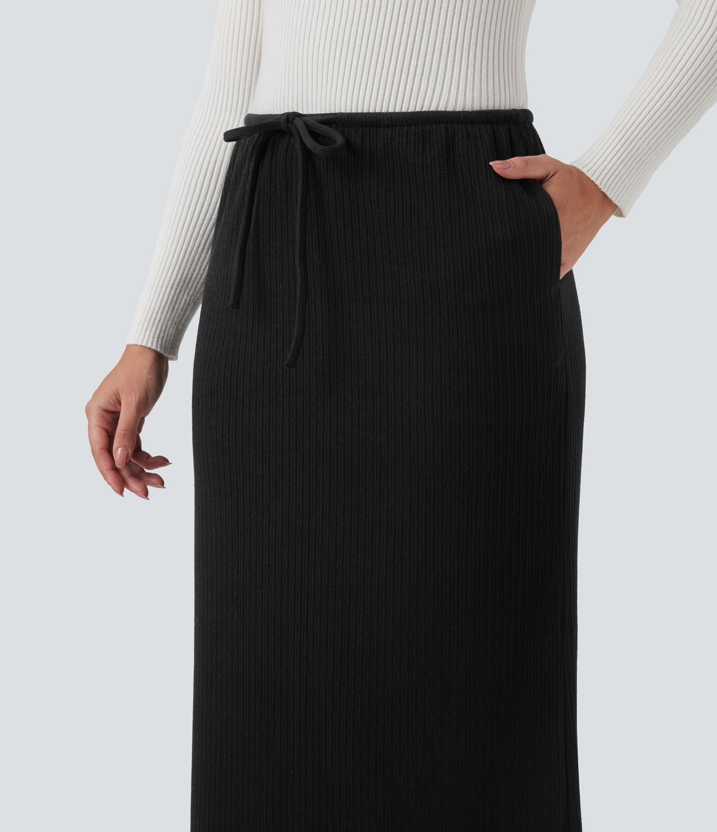 Jupe longue côtelée taille mi-haute avec cordon de serrage et poches