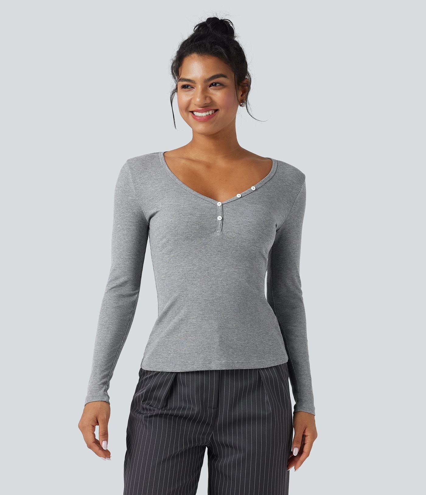 T-shirt côtelé col V manches longues