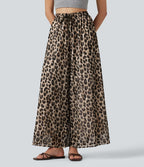 Pantalon léopard décontracté taille haute à cordon de serrage, coupe ample, en maille transparente avec poches