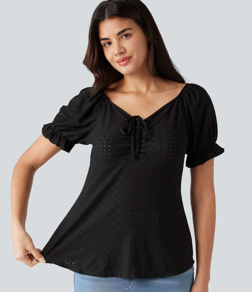 Blouse décontractée col V manches courtes bouffantes lacée ajourée