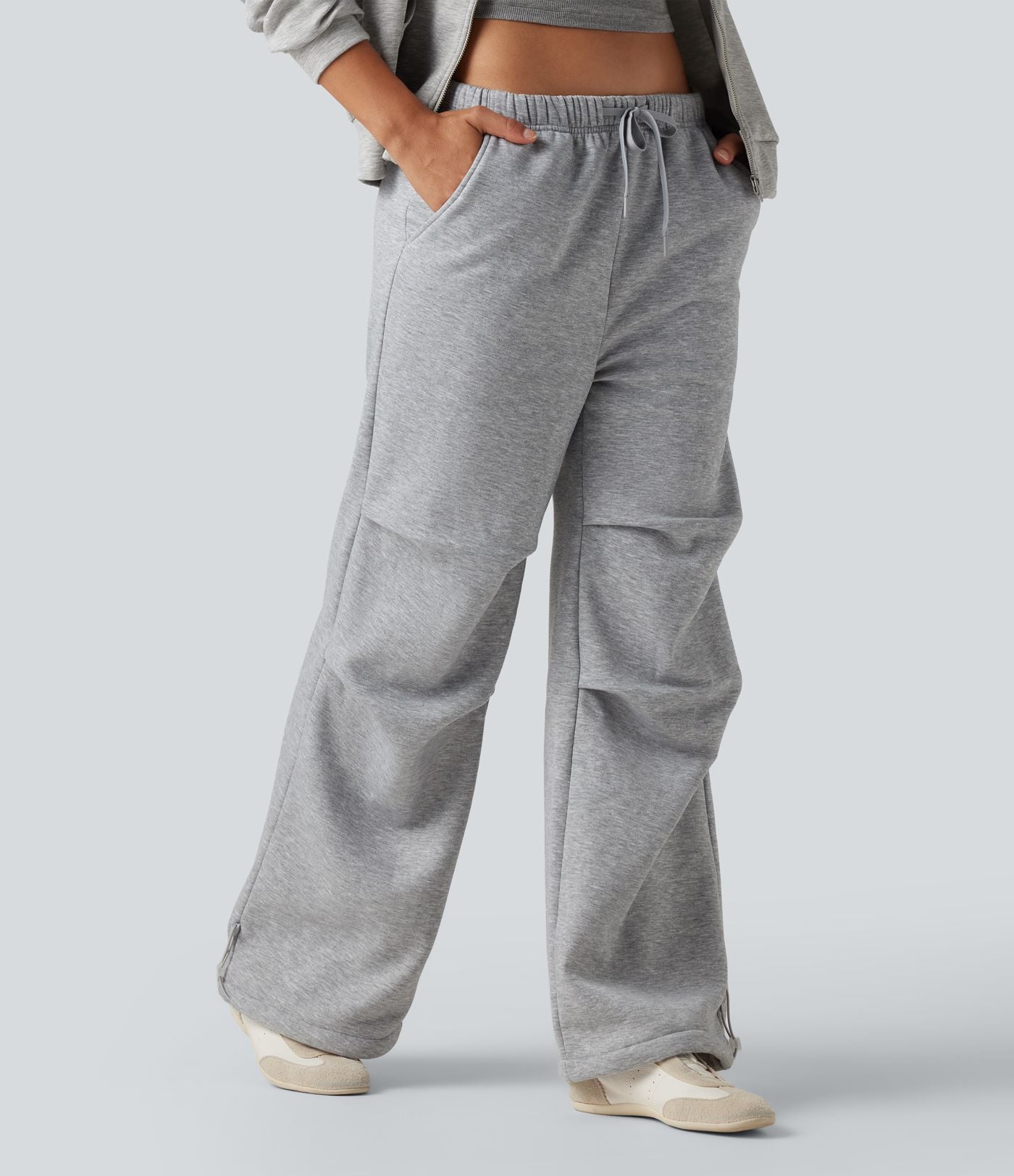 Pantalon large polaire taille haute avec cordon de serrage, fronces et poches