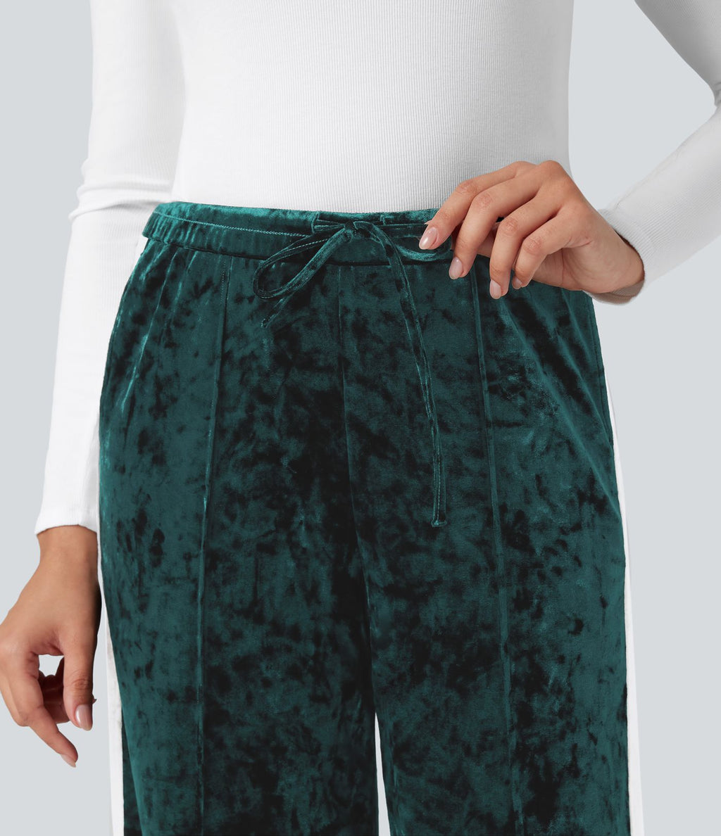 Pantalon velours coupe droite color block taille mi-haute avec cordon de serrage et poches