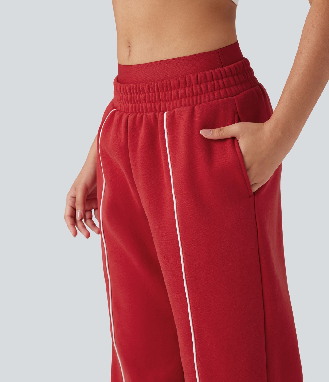 Pantalon large fluide polaire color block double ceinture gainant taille haute avec poches