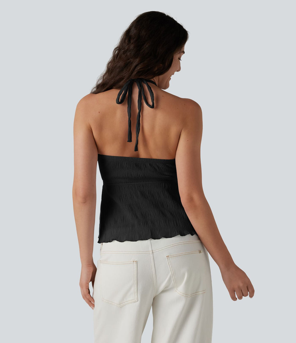 Débardeur dos nu avec soutien-gorge intégré, col licou, lien dans le dos et bordure ondulée