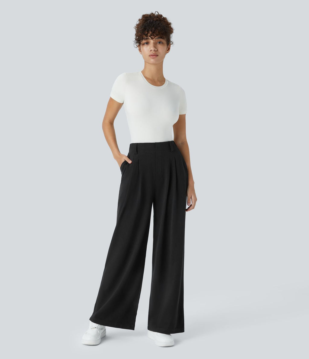 Halara Flex™ Pantalon Tailleur Large Fluide Gaufré Taille Haute Poches Latérales