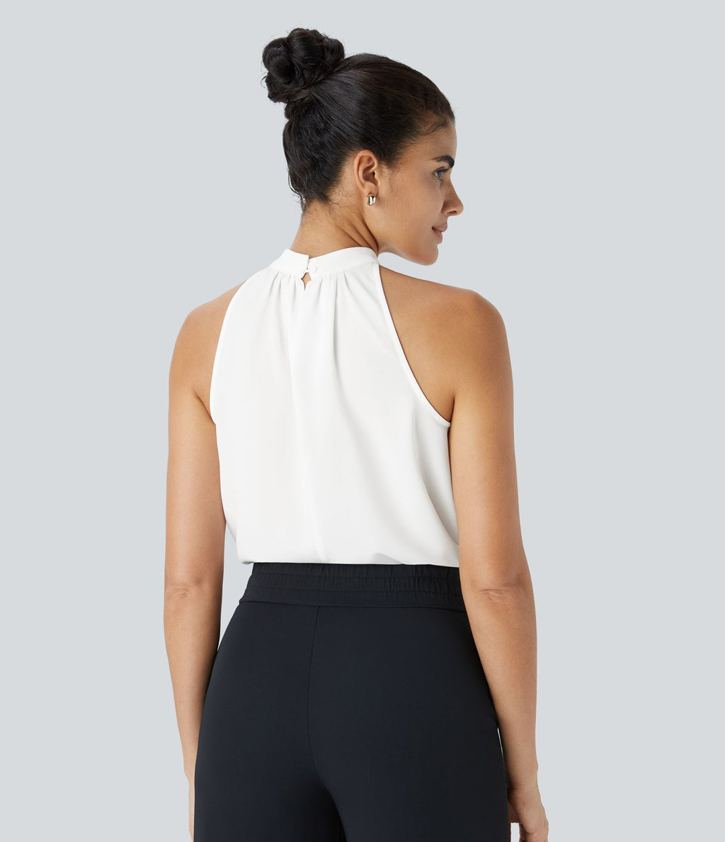 Blouse Travail Sans Manches Ourlet Courbé Col Haut Découpe au Dos Plis