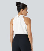 Blouse Travail Sans Manches Ourlet Courbé Col Haut Découpe au Dos Plis
