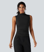 Top tailleur froncé col montant sans manches