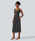 Robe midi casual fluide à pois sans manches dos nu avec brassière intégrée croisée et poches - Bonnets DD-F