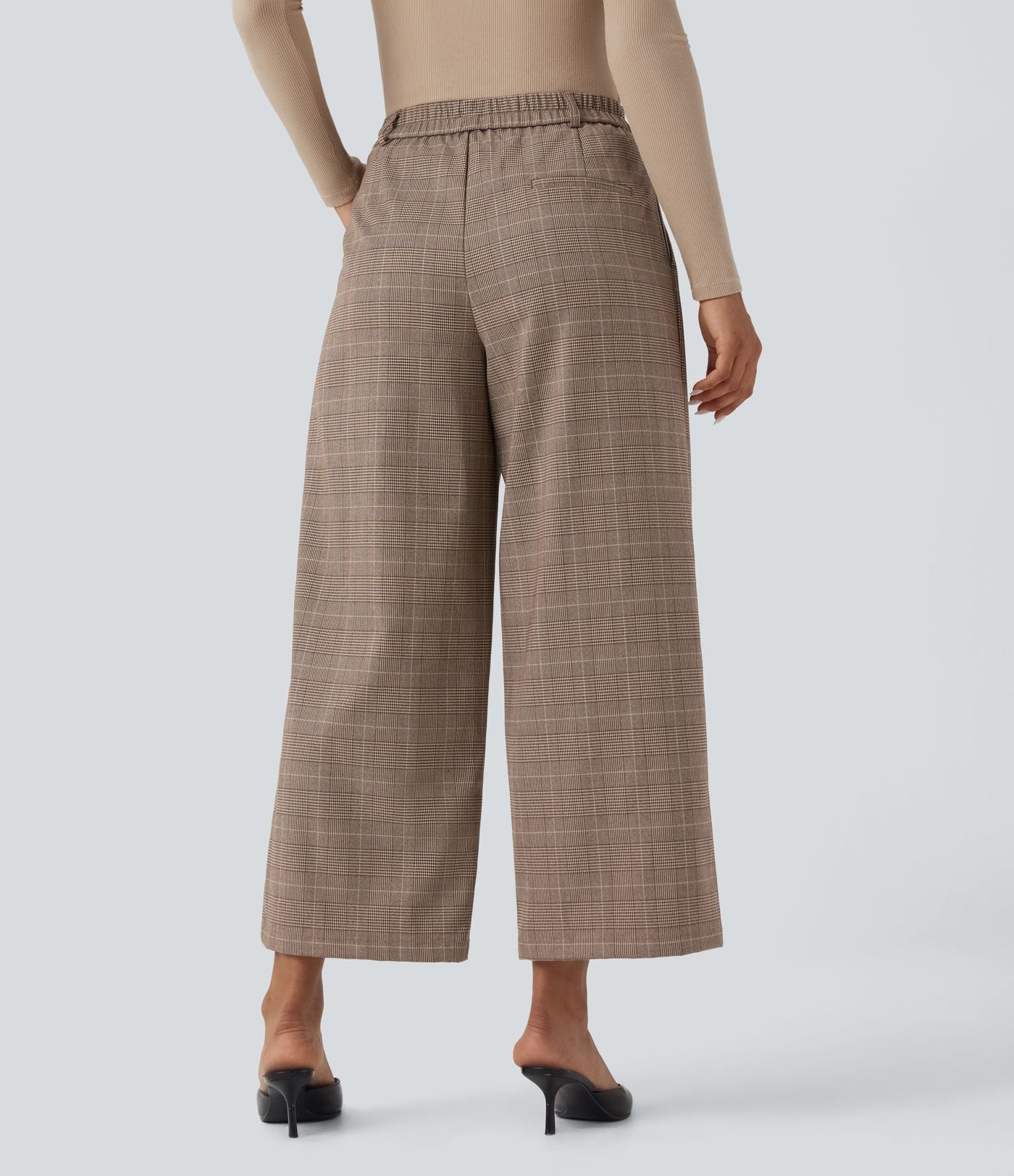 Pantalon de travail Halara Flex™ 7/8 droit à carreaux pied-de-poule, taille mi-haute, avec poches