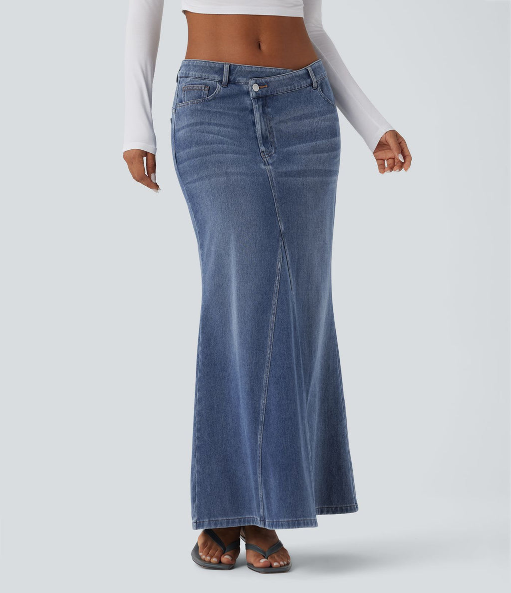 Jupe maxi denim sirène asymétrique fendue Halara Flex™ taille basse avec poches