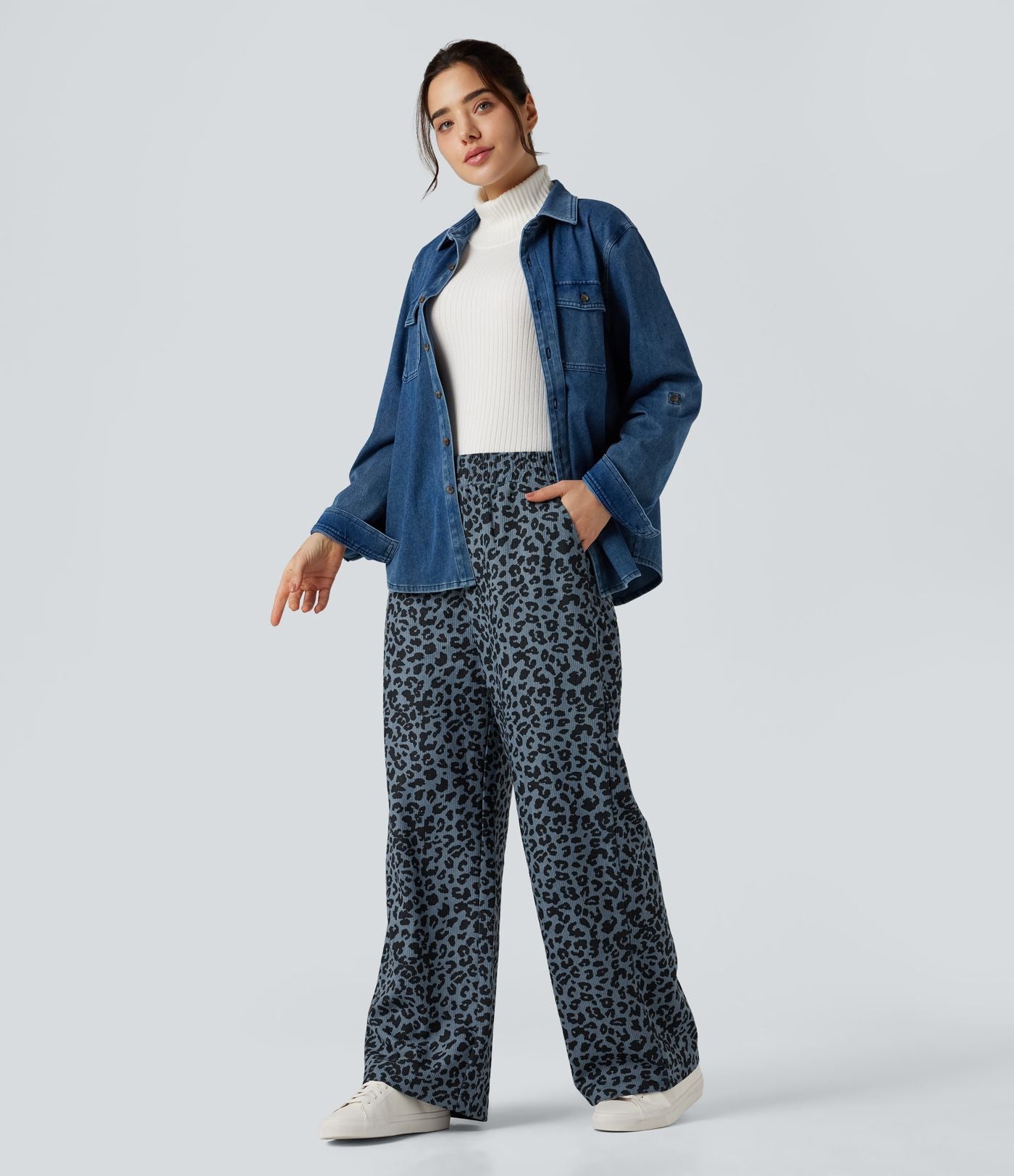 Pantalon léopard ample décontracté velours côtelé imprimé taille haute avec poches