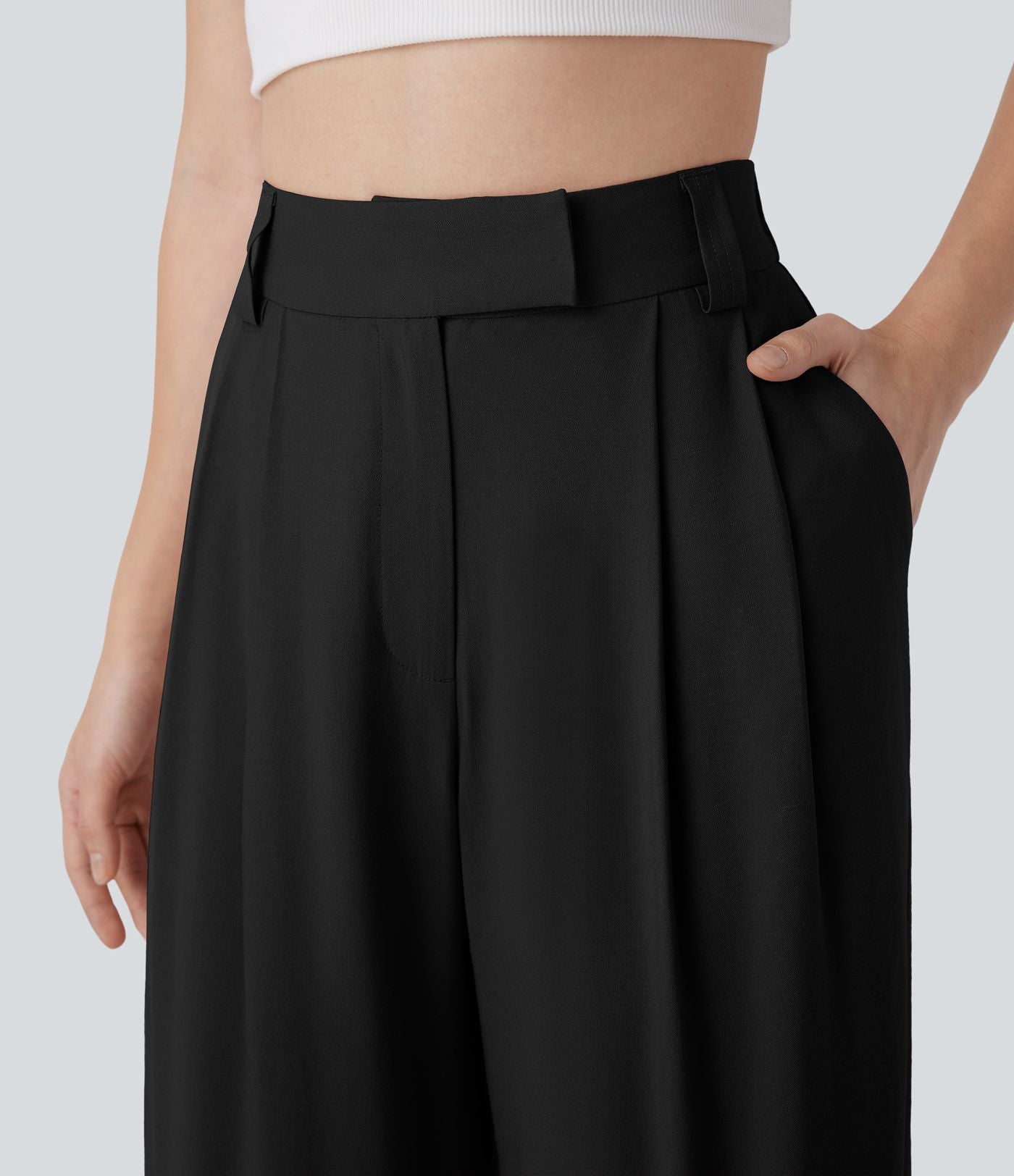 Pantalon large fluide effet lin taille moyenne avec poches