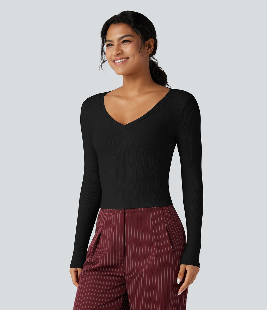 T-shirt tailleur côtelé court col V manches longues