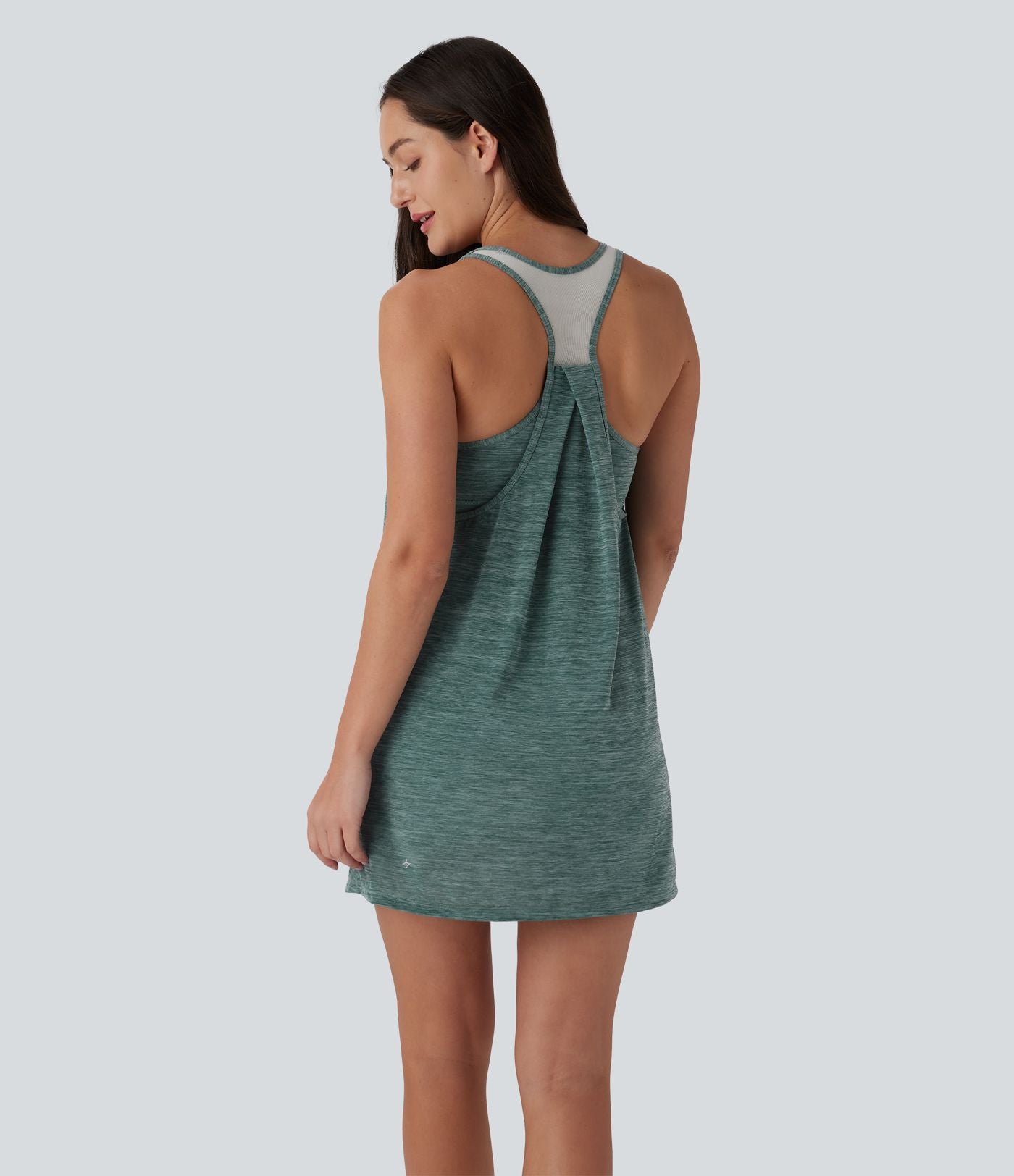 Robe active de yoga mini 2 pièces à encolure en U, dos nu, dos nageur, maille contrastante et poche latérale