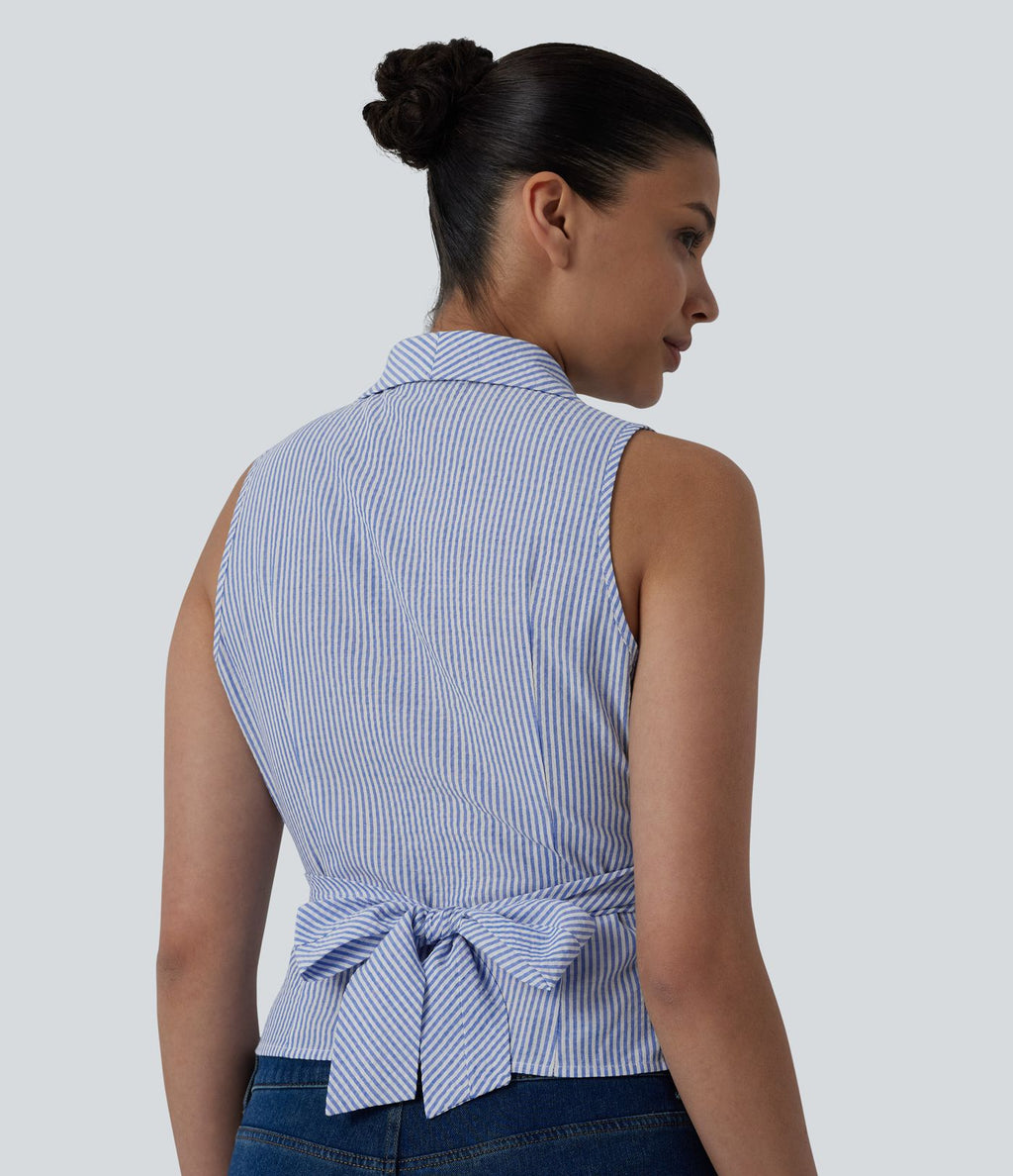 Chemise décontractée à rayures, col V, sans manches, dos noué
