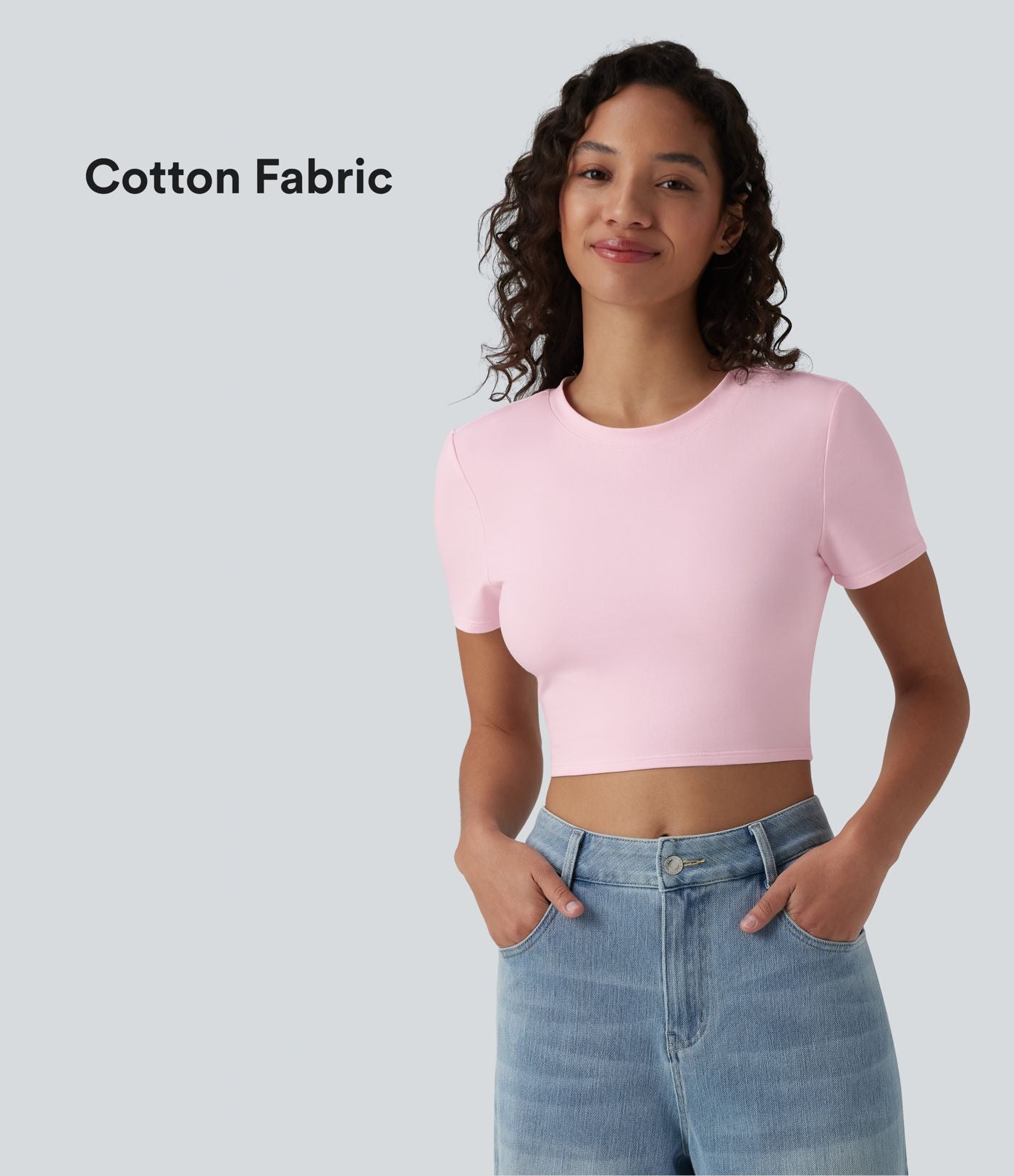 Crop-top Halara décontracté en jersey de coton, col rond, manches courtes