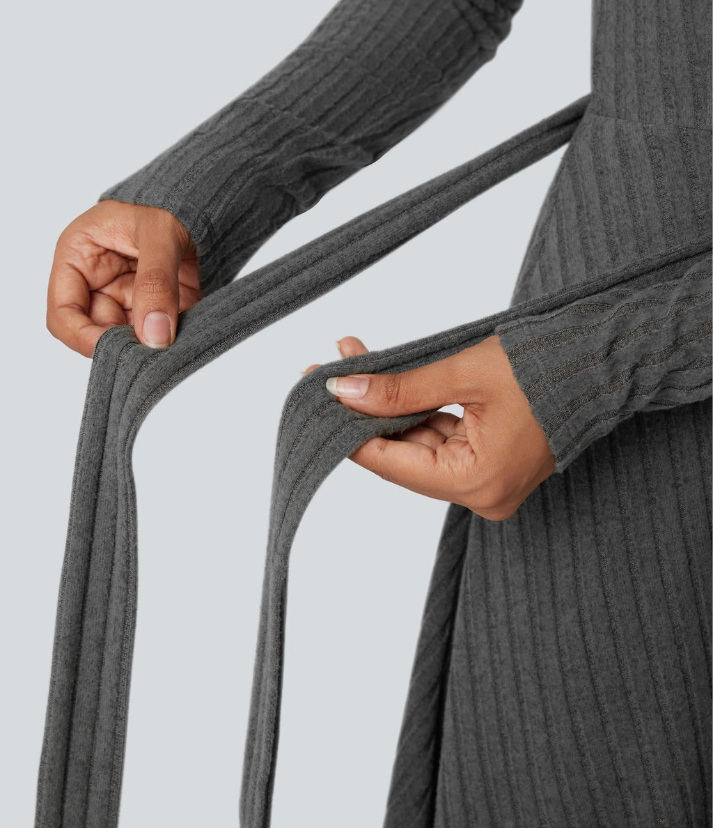 Robe côtelée ceinturée col rond manches longues avec poches