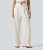 Pantalon large fluide asymétrique taille mi-haute plissé avec poches et aspect lin