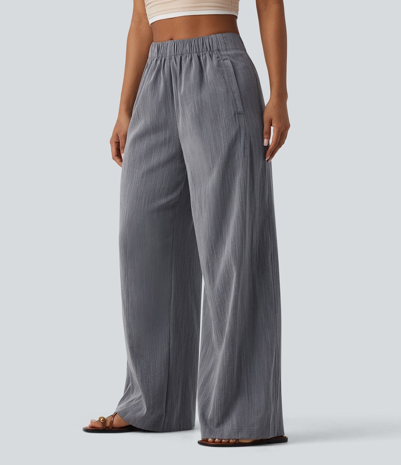Pantalon casual ample aspect lin taille mi-haute avec poches