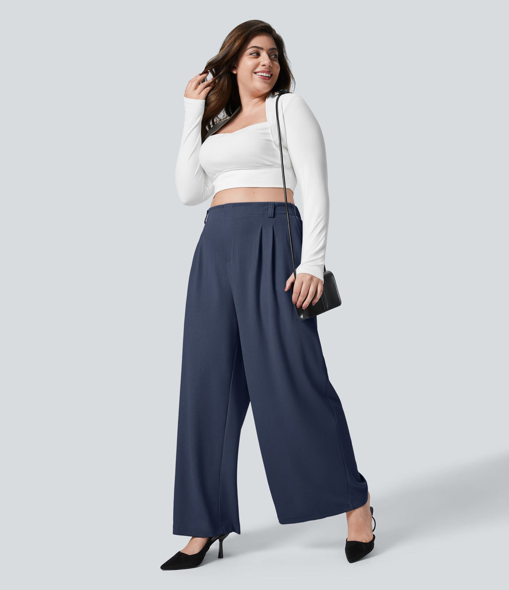 Halara Flex™ Pantalon tailleur Grande taille à Taille Haute, Poches Latérales Plissées, Jambes Larges, en Tissu Gaufré