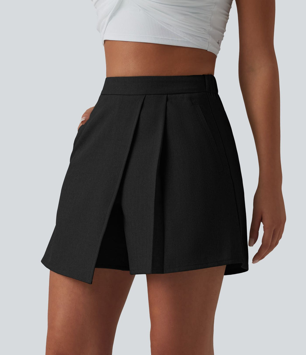 Jupe-short plissée taille haute casual infroissable aspect lin avec poches