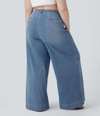 Jean décontracté Halara Flex™ grande taille large taille haute en maille extensible délavée avec poches avant