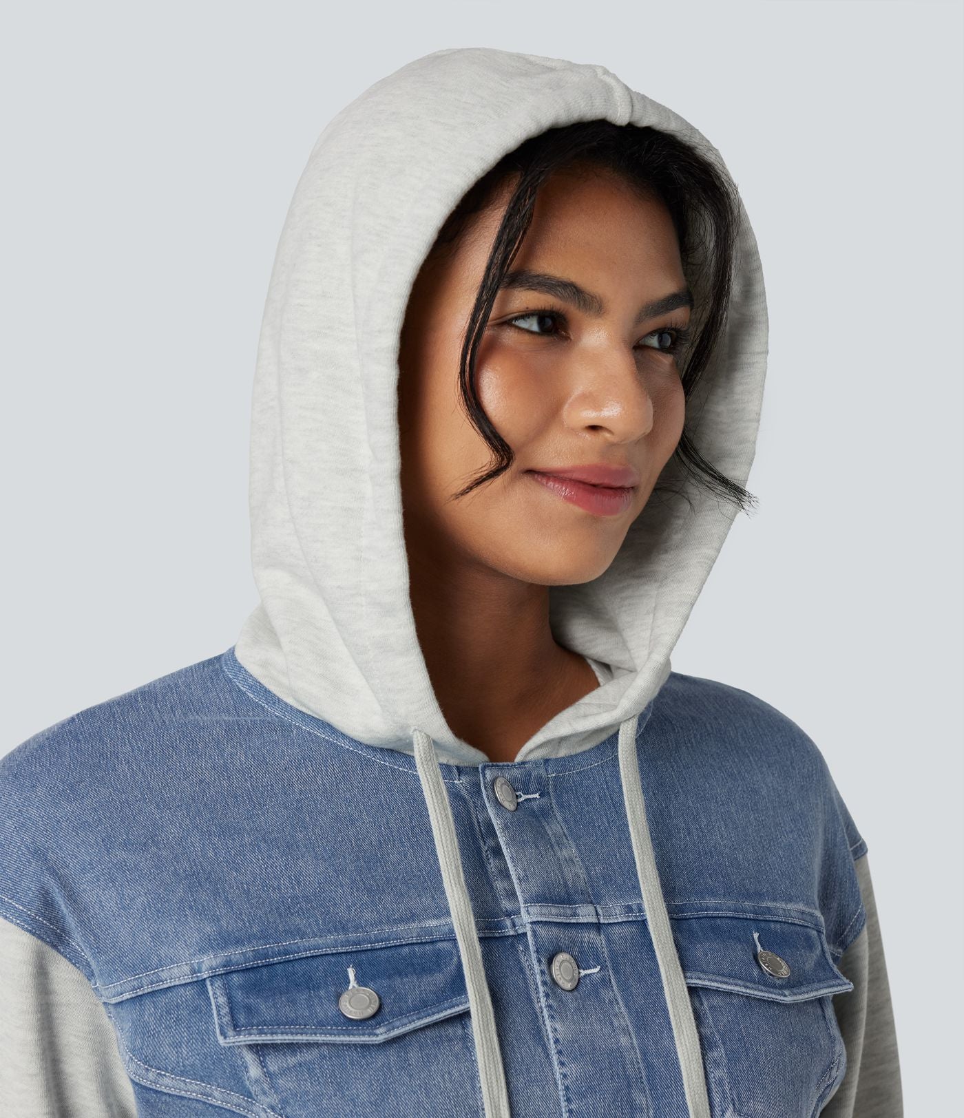 Veste en jean patchwork à capuche avec cordon de serrage et manches longues Halara Flex™