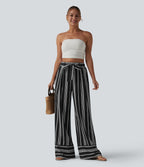 Pantalon large taille haute à rayures avec ceinture et poches