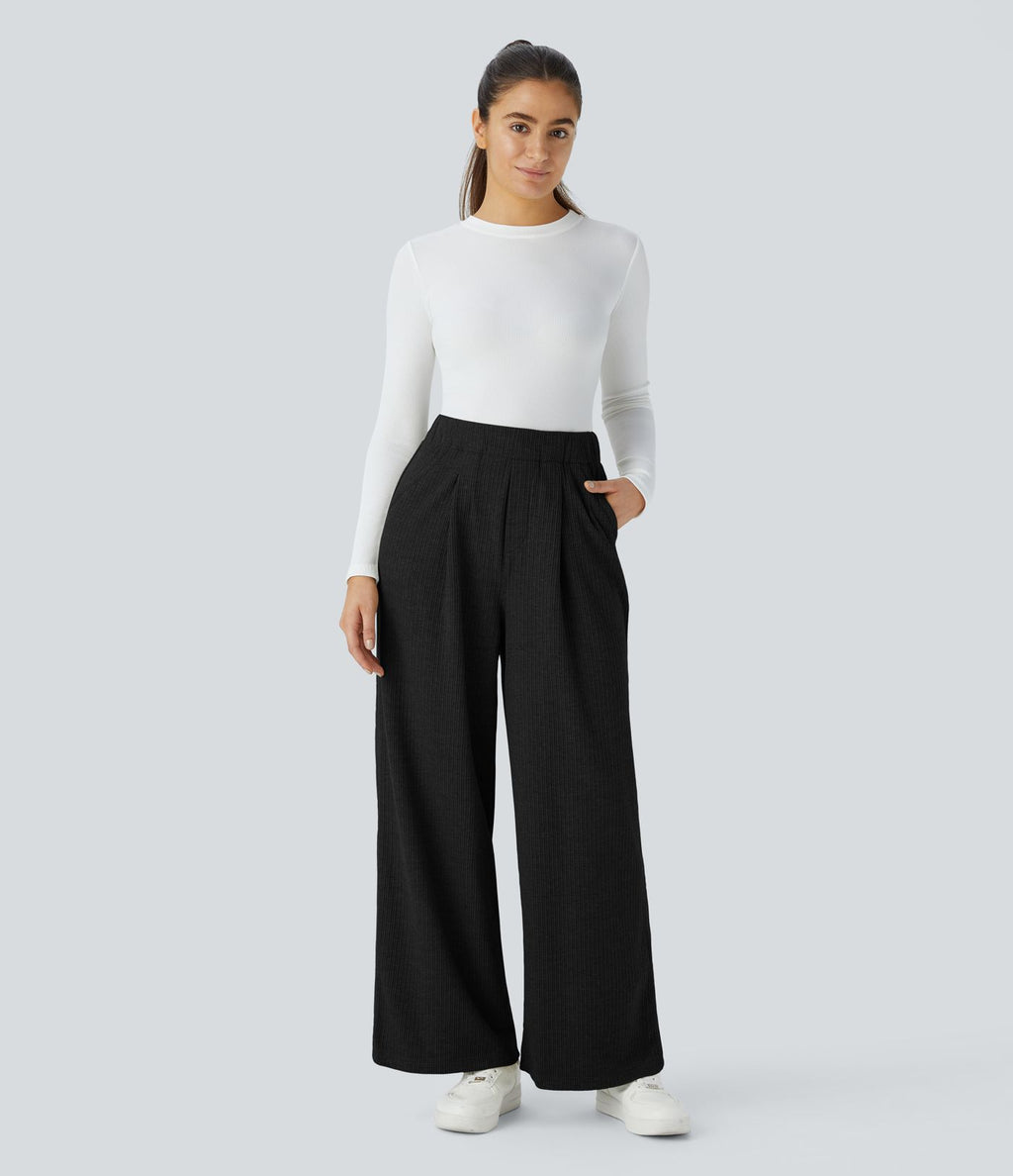 Pantalon décontracté large côtelé, taille haute, avec poches