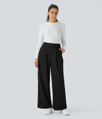 Pantalon décontracté large côtelé, taille haute, avec poches
