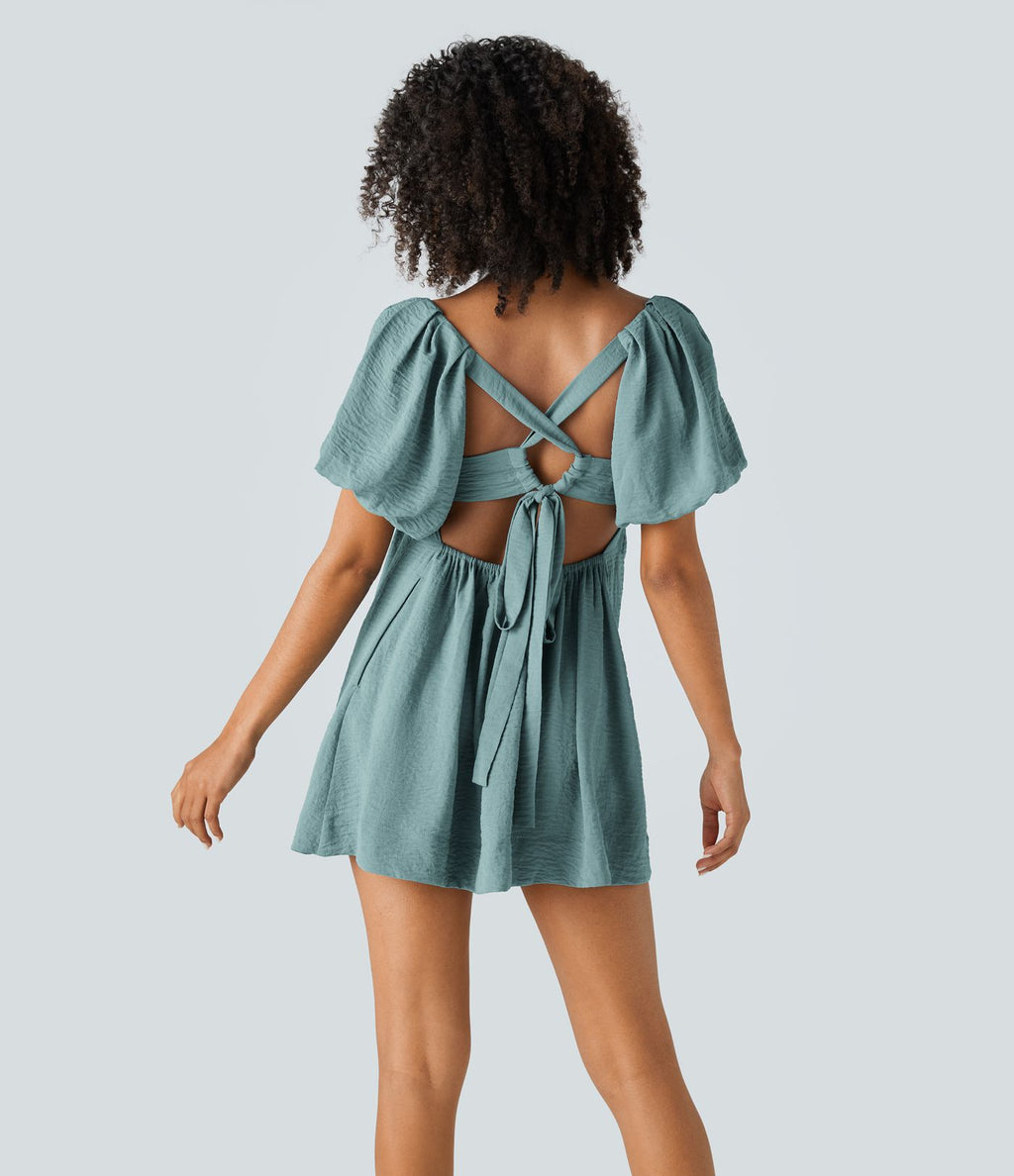 Robe Babydoll Casual Col Carré Dos Nu avec Lacets Manches Bouffantes Poches Latérales et Effet Lin