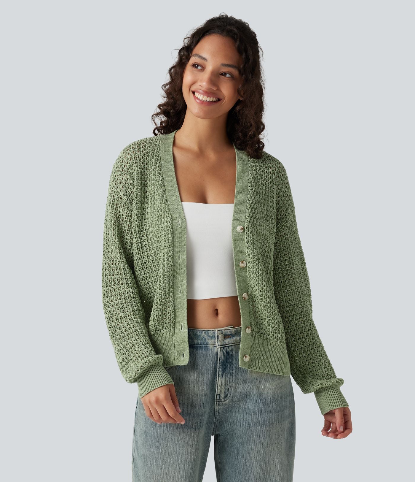 Cardigan décontracté en maille tricotée col V manches longues