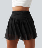 Short 2-en-1 taille haute gainant avec détails froncés, mesh contrasté avec poches, 7,5 cm