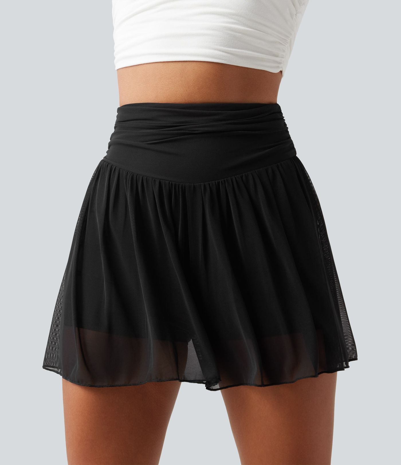 Short 2-en-1 taille haute gainant avec détails froncés, mesh contrasté avec poches, 7,5 cm