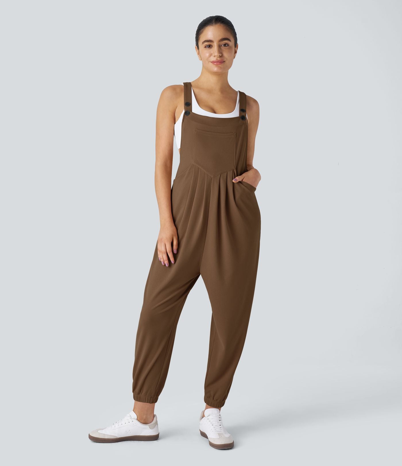 Salopette Casual Bretelles Ajustables Boutonnés Multiples Poches Plis et Tissu Gaufré