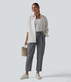 Pantalon tailleur aspect lin fuselé taille haute asymétrique avec poches