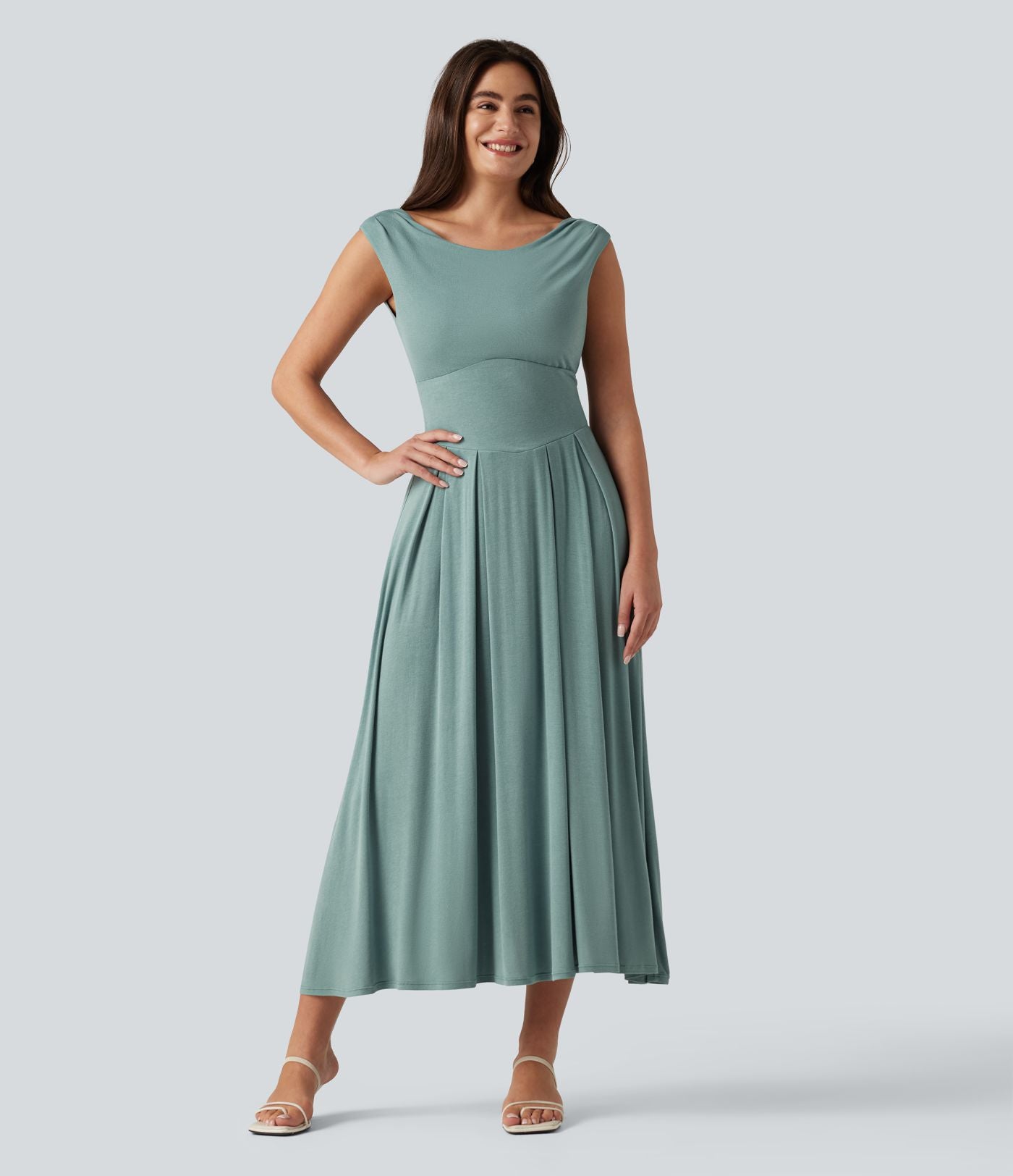 Robe midi casual fluide côtelée gainante à épaules dénudées