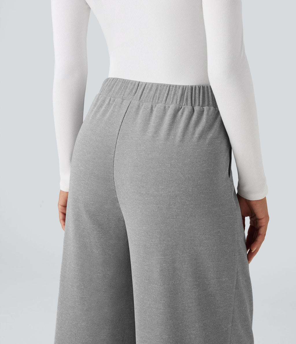 Pantalon taille haute décontracté large en maille gaufrée, avec poches