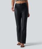Pantalon casual bootcut taille haute en PU extensible avec poches