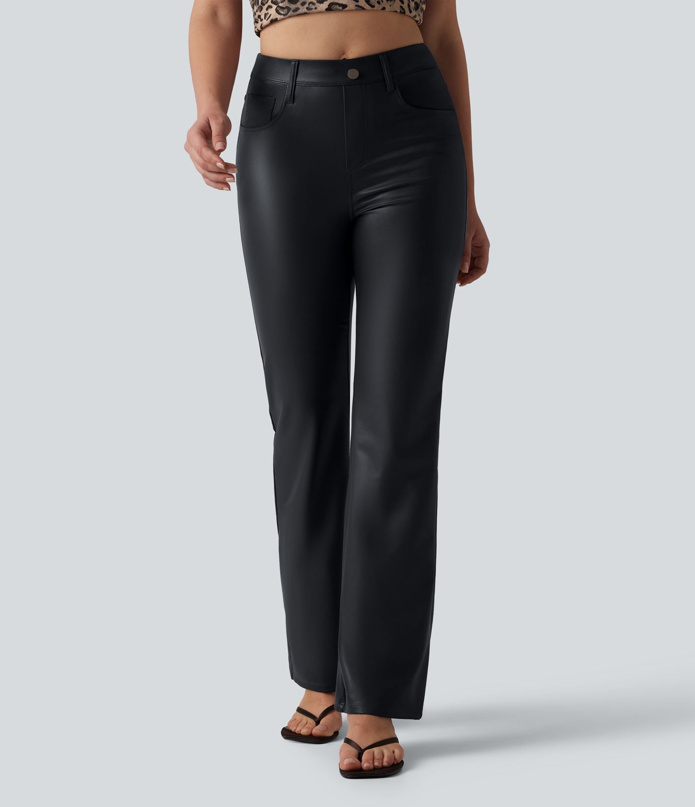Pantalon casual bootcut taille haute en PU extensible avec poches