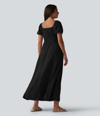 Robe longue fluide et décontractée en lin, à col carré, manches bouffantes, soutien-gorge intégré froncé et poches